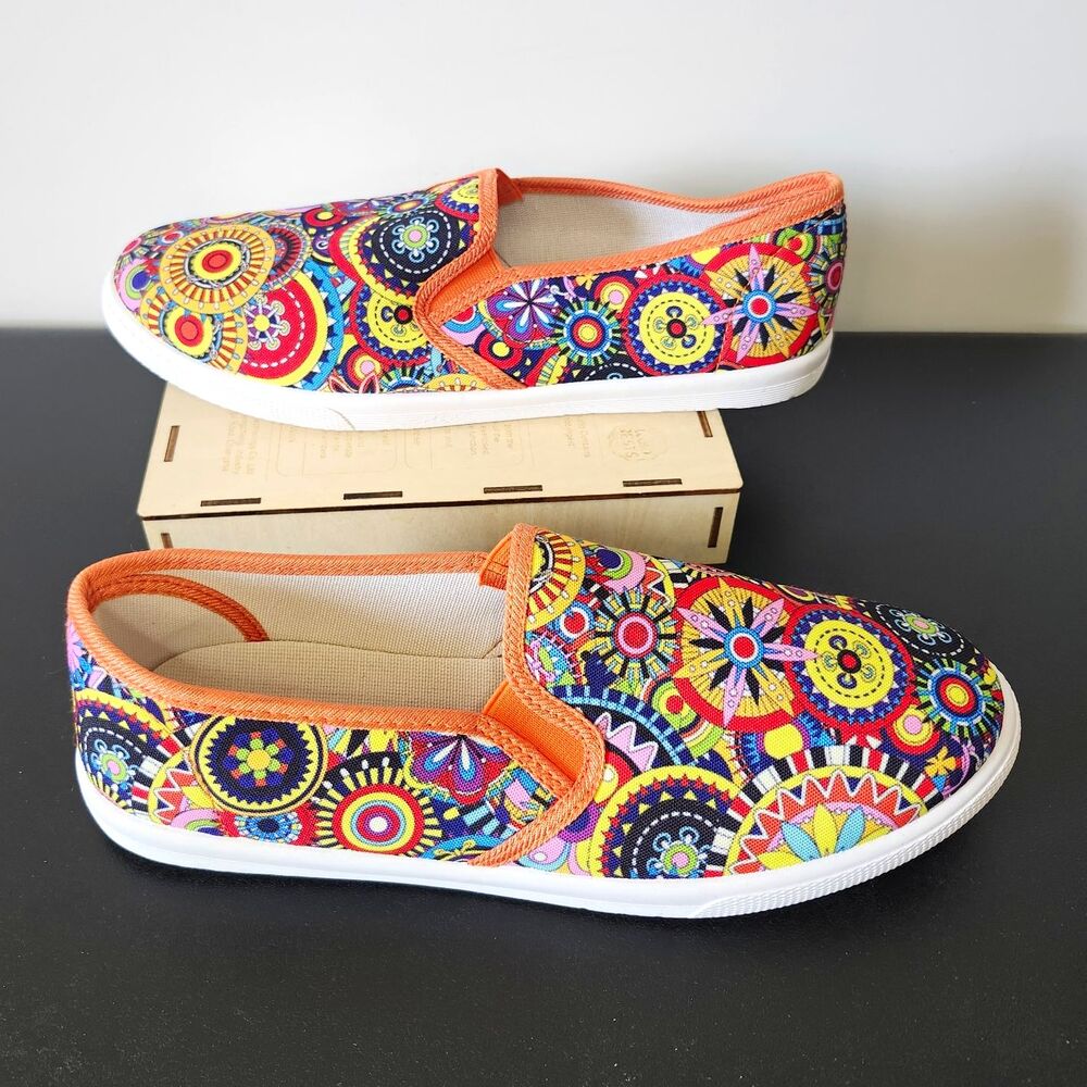 Vibrant Mandala Canvas Slip On Shoes Womens Size 9 Colorful EU 40 Psychedelic